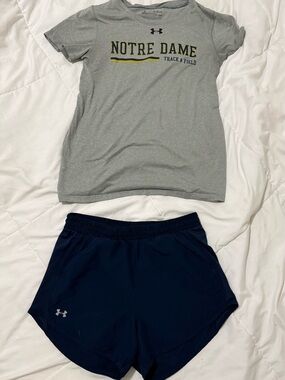 Under Armour Grey Notre Dame Track & Field Tee with Navy Running Shorts